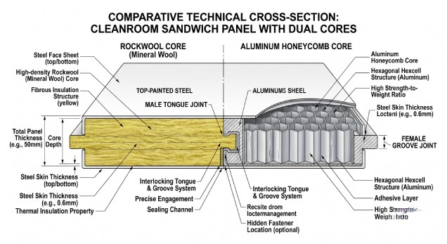 Technical cross-section diagram of a cleanroom sandwich panel core for industrial compliance