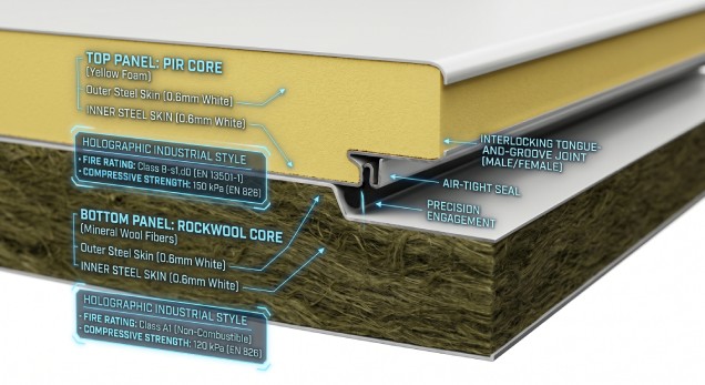 Technical cross-section showing compressive strength and fire rating of sandwich panels