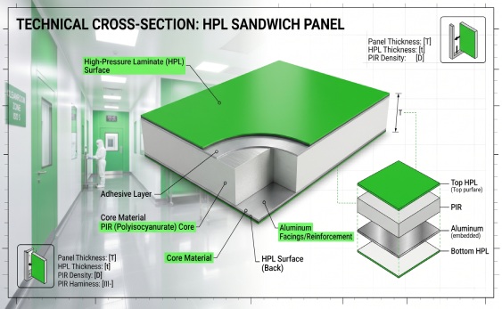 Technical cross-section of a high-performance hpl sandwich panel cleanroom wall material