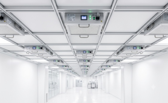 Technical news header view displaying premium automated fan filter units tightly locked within an anodized cleanroom ceiling grid system